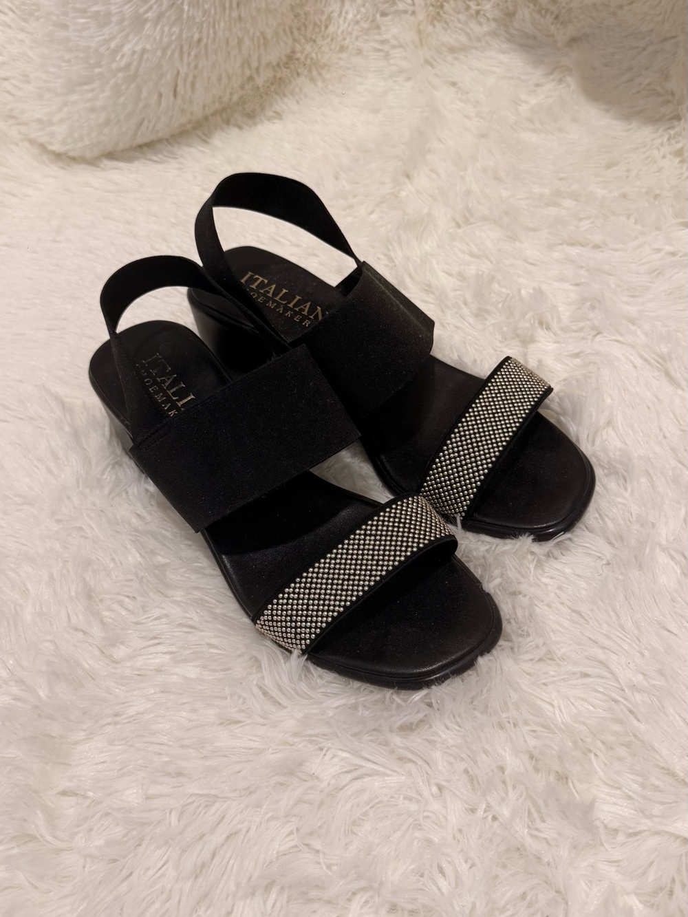 Italian Shoemakers Black Slingback Sandals with Silver Rhinestone Strap